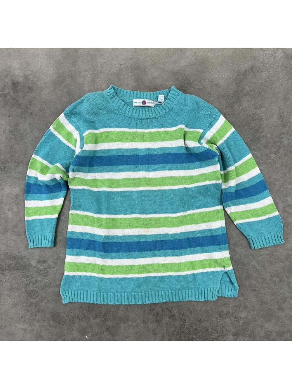 90s Milano Sport blue, green, and white horizontal striped cotton sweater